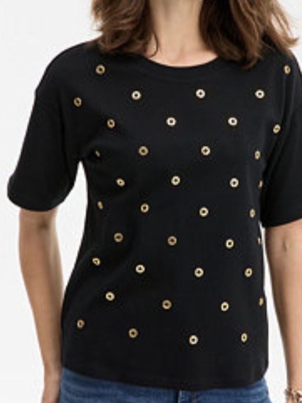 INC International Concepts Black Short-Sleeve Knit Top with Gold Eyelets
